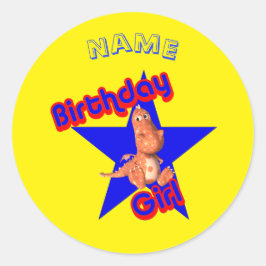 Birthday Girl Cute Dinosaur gepersonaliseerd Ronde Sticker