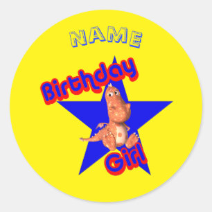 Birthday Girl Cute Dinosaur gepersonaliseerd Ronde Sticker