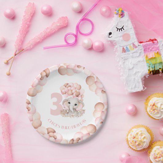 Birthday Girl Cute Elephant Pink-ballonnen Papieren Bordje (Feest)