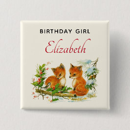 Birthday Girl Cute Foxes Winter Scene Vierkante Button 5,1 Cm
