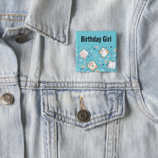 Birthday Girl Cute Kitty Cat Pattern Whimsical Vierkante Button 5,1 Cm (In situ)