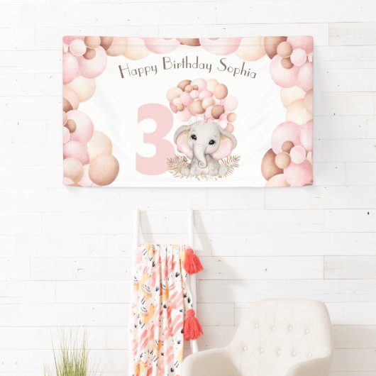 Birthday Girl Cute Pink Elephant Banner (Insitu)