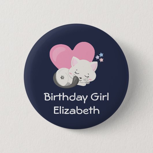 'Birthday Girl Cute White Kitty Cat Sleeping' Ronde Button 5,7 Cm (Voorkant)