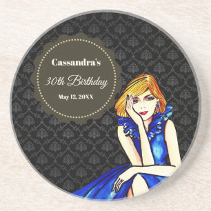 Birthday Girl Dark Royal Blue Cocktail Gown Damask Zandsteen Onderzetter