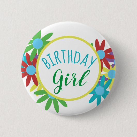 Birthday Girl Floral Colorful Pin Button (Voorkant)