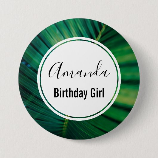 Birthday Girl Green Tropical Leaf Foto Ronde Button 7,6 Cm (Voorkant)