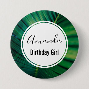Birthday Girl Green Tropical Leaf Foto Ronde Button 7,6 Cm