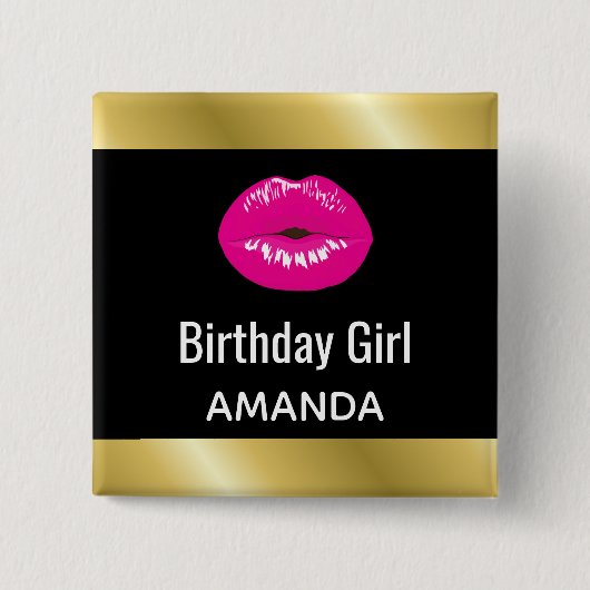 Birthday Girl Hot Pink Lips Glamoureus Vierkante Button 5,1 Cm (Voorkant)