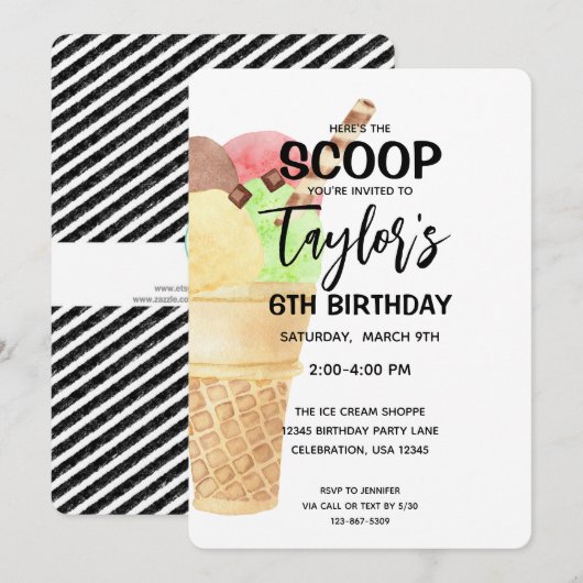 Birthday Girl Ice Cream Cone Pink Party Uitnodigin Kaart (Voorkant / Achterkant)