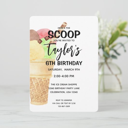 Birthday Girl Ice Cream Cone Pink Party Uitnodigin Kaart (Staand voorkant)