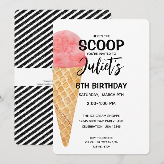 Birthday Girl Ice Cream Cone Pink Party Uitnodigin Kaart (Voorkant / Achterkant)