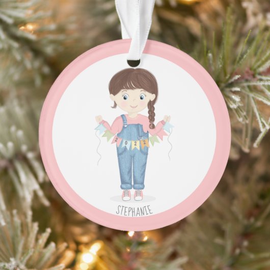 Birthday Girl in Overalls Brunette Ornament (Boom)