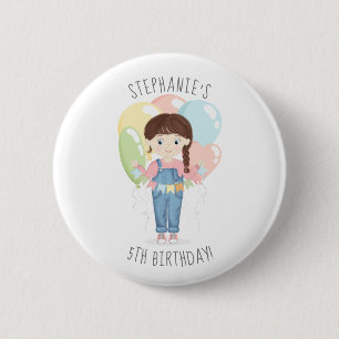 Birthday Girl in Overalls Brunette Ronde Button 5,7 Cm
