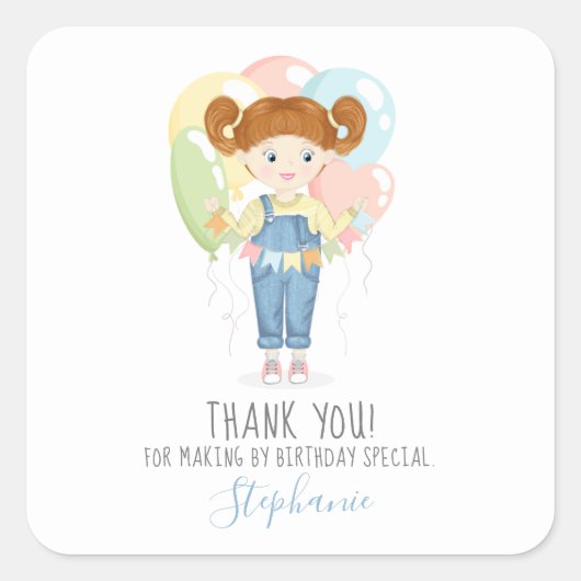 Birthday Girl in Overalls Redhead Square Sticker (Voorkant)