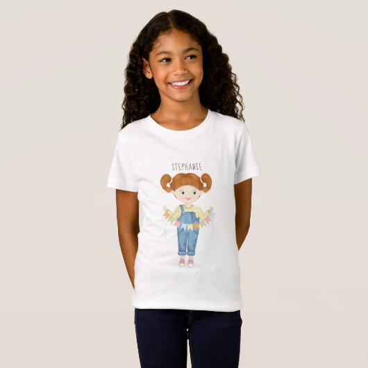 Birthday Girl in Overalls Redhead T-shirt (Voorkant volledig)