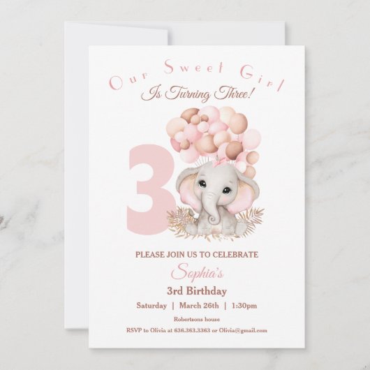 Birthday Girl Invitation Cute Pink Elephant Kaart (Voorkant)