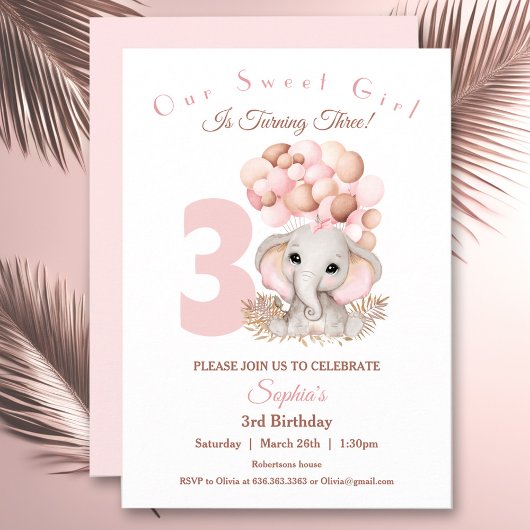 Birthday Girl Invitation Cute Pink Elephant Kaart