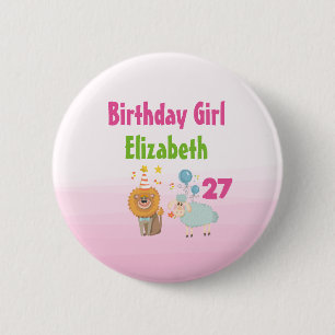 Birthday Girl met Party Lion and Balloon Sheep Ronde Button 5,7 Cm