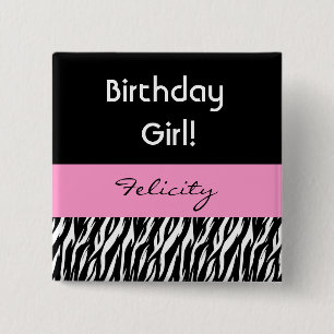 Birthday Girl Modern Zebra Print Custom Name V01 Vierkante Button 5,1 Cm