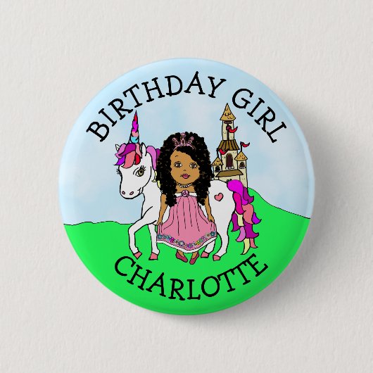 Birthday Girl Personaliseer Button Princess Unicor (Voorkant)