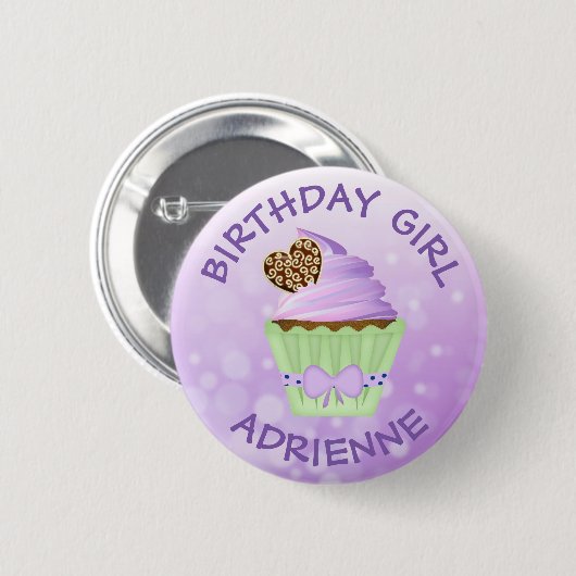 Birthday Girl Personalized Paarse Cupcake Button (Voorkant /achterkant)