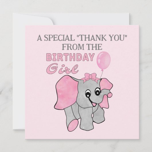 Birthday Girl Pink Baby Elephant Bedankkaart (Voorkant)