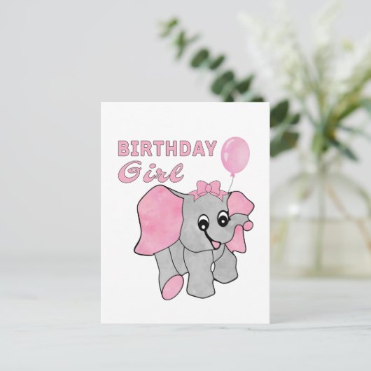 Birthday Girl Pink Baby Elephant Briefkaart (Staand voorkant)