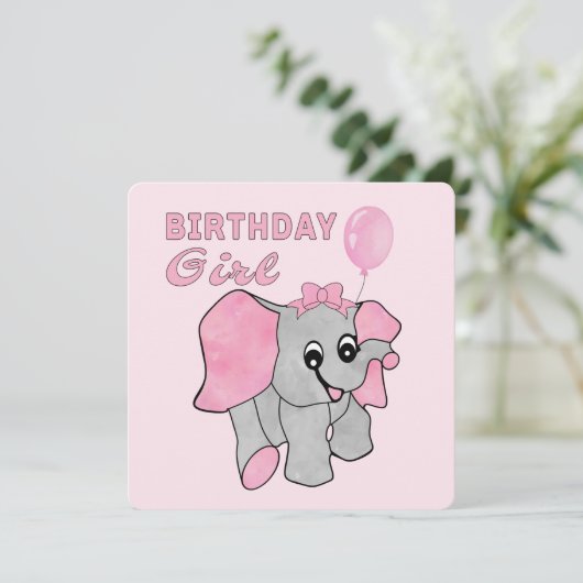 Birthday Girl Pink Baby Elephant Feestdagenkaart (Staand voorkant)