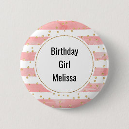 Birthday Girl Pink Blush Stripes | GoudConfetti Ronde Button 5,7 Cm
