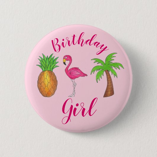 Birthday Girl Pink Flamingo Palm Tree Pineappel Ronde Button 5,7 Cm (Voorkant)