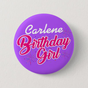 Birthday Girl Pink Typografie met NAAM op PAARS Ronde Button 5,7 Cm