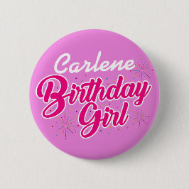 Birthday Girl Pink Typografie met NAAM op PINK Ronde Button 5,7 Cm