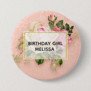 Birthday Girl Pink & White Rose Floral Bouquet Ronde Button 7,6 Cm