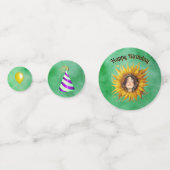 Birthday Girl Pretty Face in Sunflower Hats Green Confetti (Achterkanten)