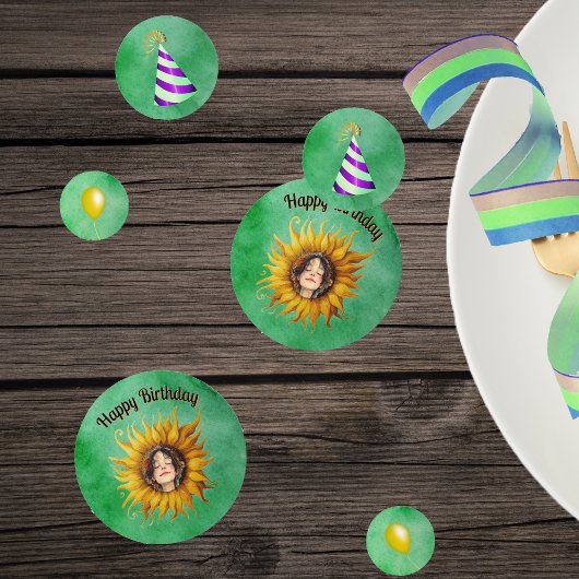 Birthday Girl Pretty Face in Sunflower Hats Green Confetti