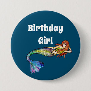 Birthday Girl Rainbow Mermaid met Ginger Hair Ronde Button 7,6 Cm