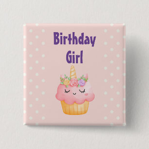 Birthday Girl - Roze cupcake Unicorn met Rozen Vierkante Button 5,1 Cm