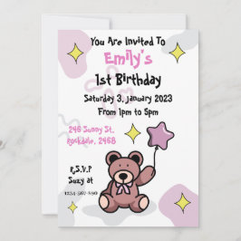 Birthday Girl Teddy Bear Invitation Kaart