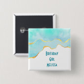 Birthday Girl Tropical Green Blue met Gold Vierkante Button 5,1 Cm (Voorkant /achterkant)