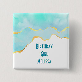 Birthday Girl Tropical Green Blue met Gold Vierkante Button 5,1 Cm