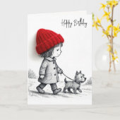 Birthday Girl Walking Her Dog Kaart (Gele Bloem)