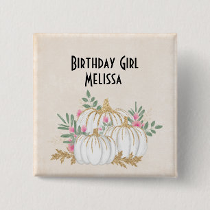 Birthday Girl White en Gold Pumpkins Waterverf Vierkante Button 5,1 Cm