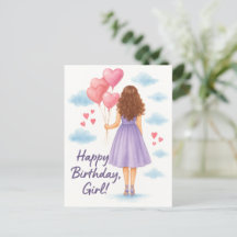 Birthday Girl with Balloons – Watercolor Greeting 
