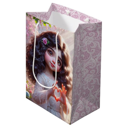 Birthday Girl with Fingers Forming a Heart Medium Cadeauzakje (Voorkant Gekanteld)