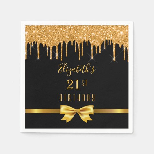 Birthday glitter black goudelegant monogram servet (Voorkant)
