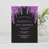 Birthday glitter druppelt zwarte paarse moderne ch kaart (Staand voorkant)
