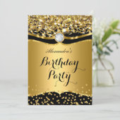 Birthday Glitter Gold Black Confetti Invite Kaart (Staand voorkant)