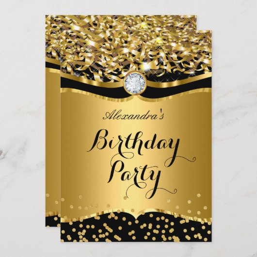 Birthday Glitter Gold Black Confetti Invite Kaart (Voorkant / Achterkant)