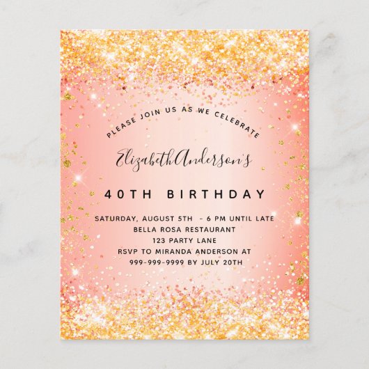 Birthday glitter oranje Gold budget uitnodiging Flyer (Voorkant)