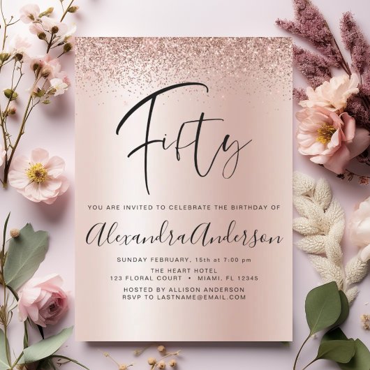 Birthday Glitter Roos Gold Pink Glam Uitnodiging